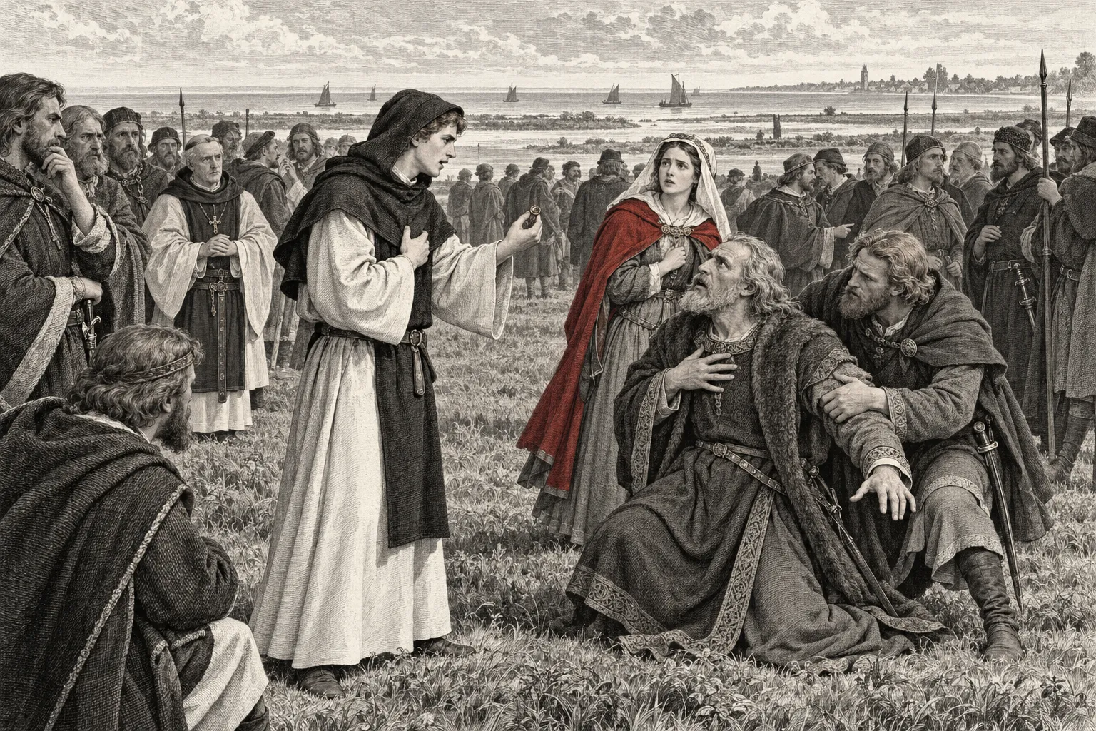 Tijdens de Friese landdag toont Reinout, vermomd als monnik, een ring aan Aylva. De oudere edelman zakt geschokt ineen; Madzy en de verzamelde afgevaardigden zijn getuige.