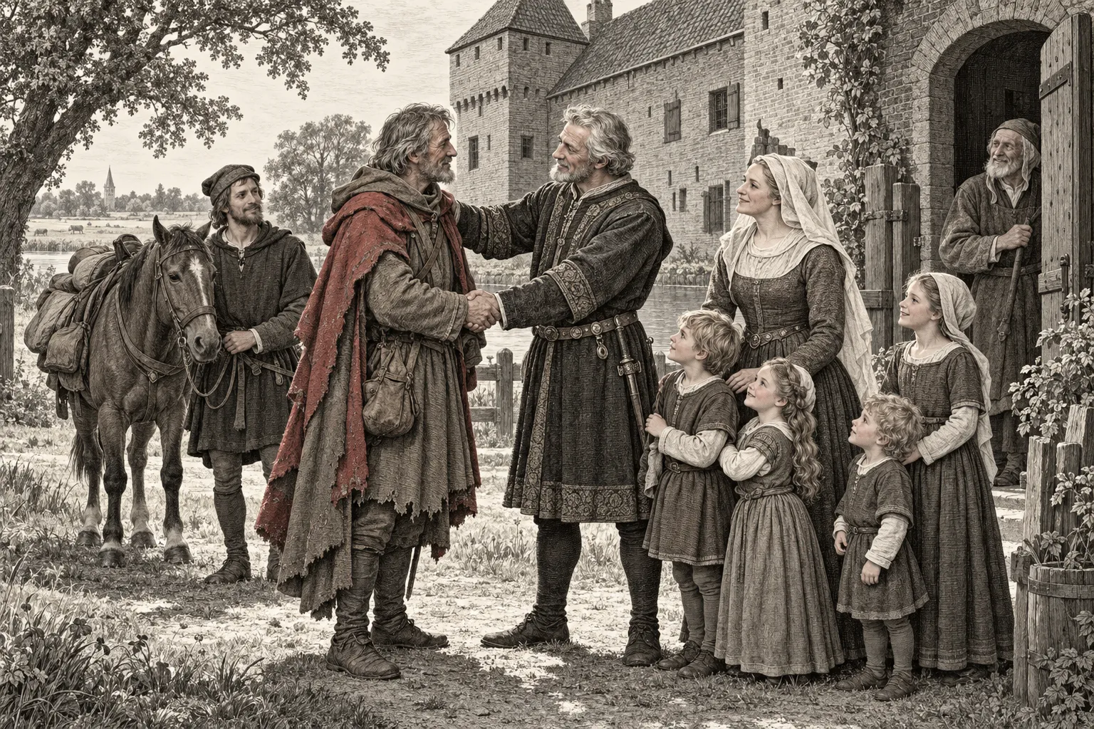 Bij Aylva-state ontvangen de ouder geworden Deodaat en Madzy hun teruggekeerde vriend Reinout. Kinderen, Feiko en Reinouts dienaar Berthout staan bij hen.