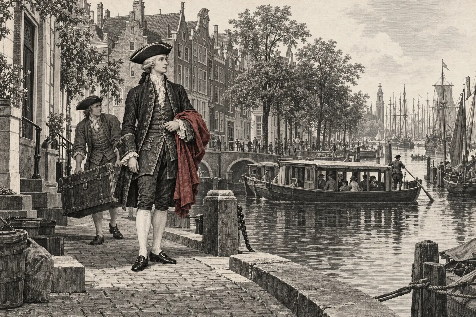 Gravure van een jonge man met driekantige steek en pruik op een Amsterdamse grachtkade, met een knecht die zijn reiskist draagt, een trekschuit en scheepsmasten in de verte