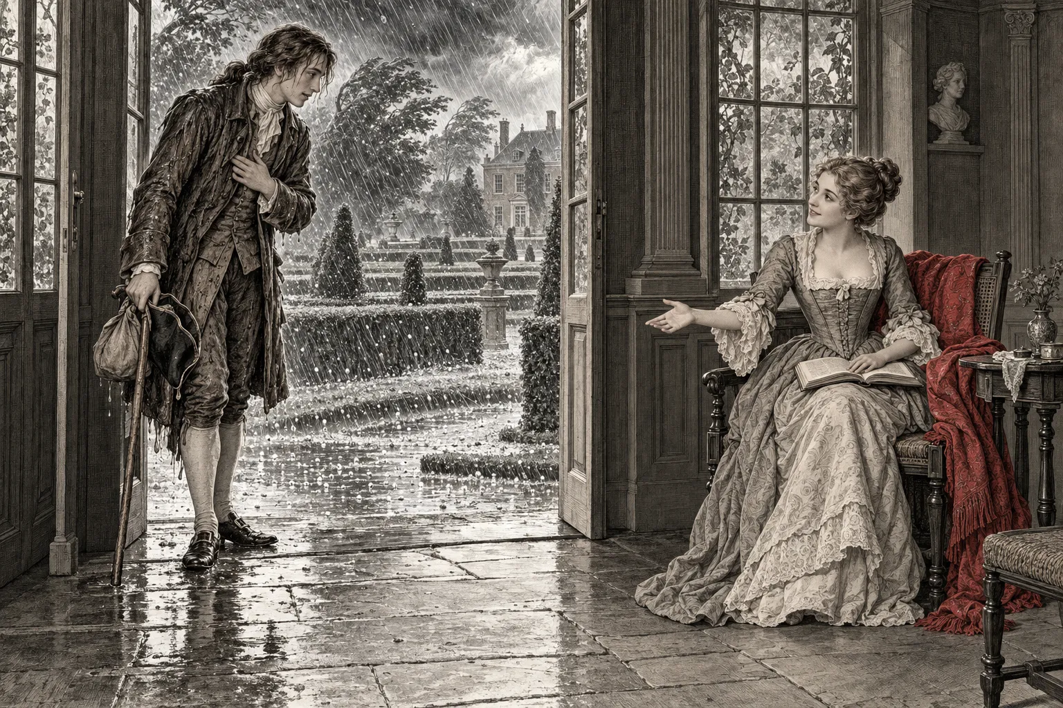 Een doorweekte jonge reiziger met stok en bundeltje staat tegenover een lezende jonge vrouw in een tuinkoepel. Buiten woedt noodweer.