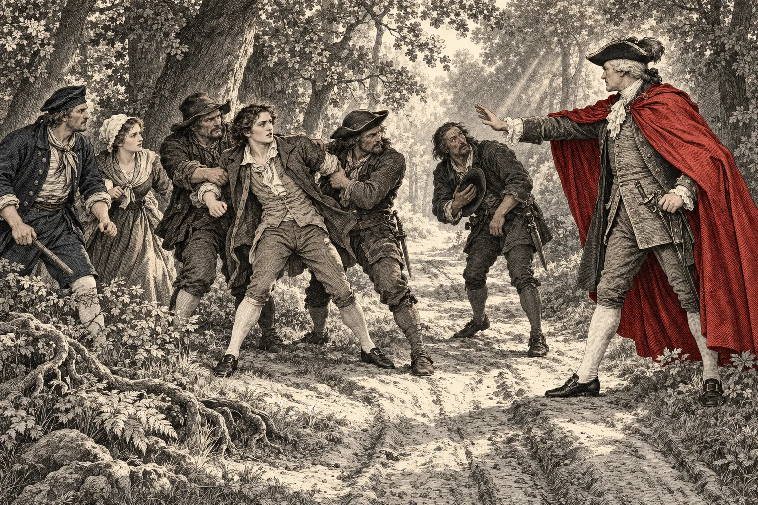 Een grote man in een rode mantel houdt drie struikrovers tegen die Ferdinand in het bos hebben overmeesterd. Hun hoofdman herkent de vreemdeling en gehoorzaamt.