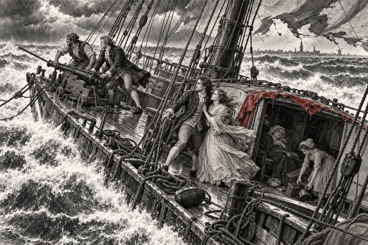 Een beschadigd zeiljacht ligt tussen hoge golven op een zandbank. Twee mannen bereiden een noodschot voor. Ferdinand en Henriëtte staan bij de kajuit, waar hun reisgenoten beschutting zoeken.