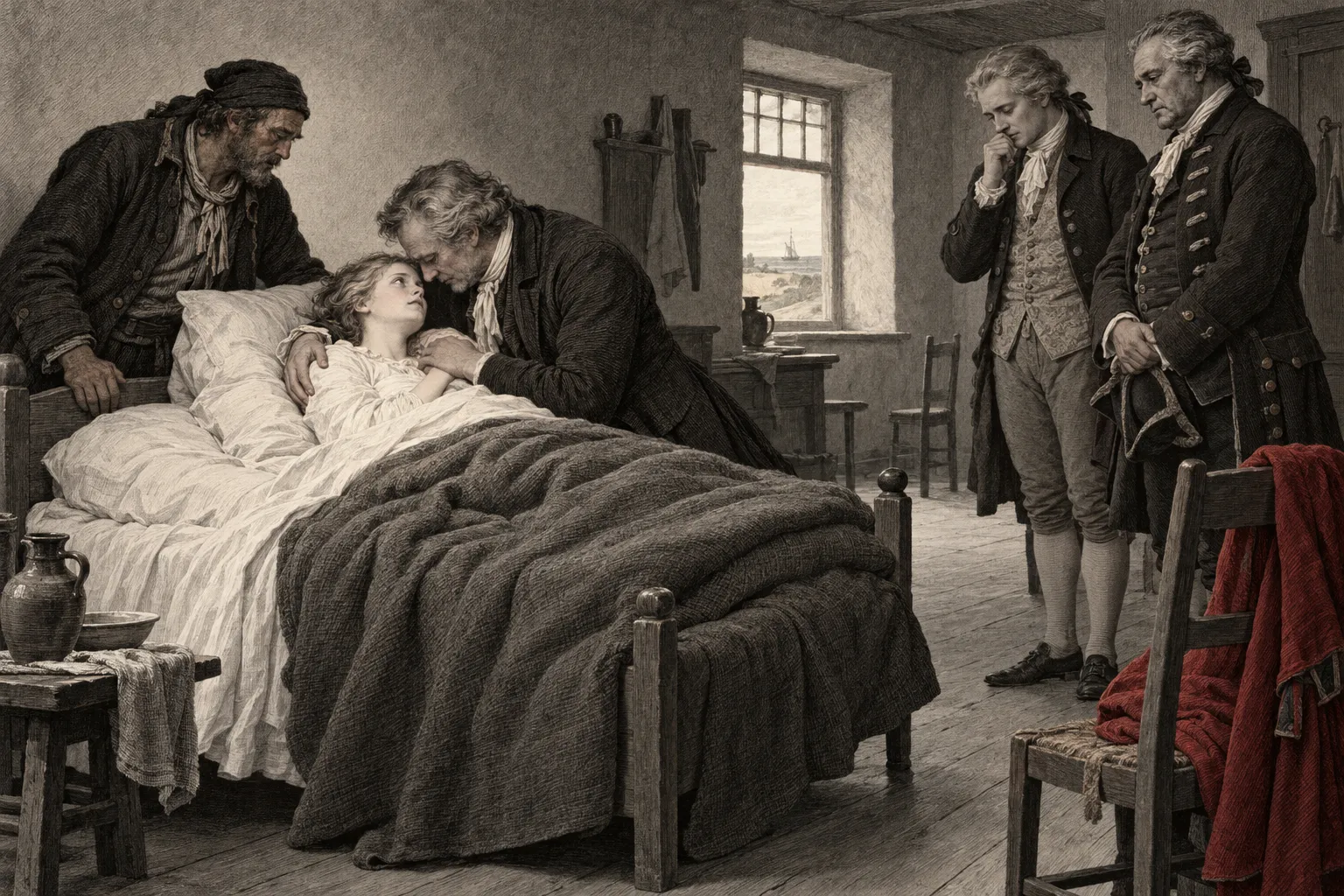 Een vader omhelst zijn ernstig zieke dochter in een herbergbed. Haar verzorger Sander en de bezoekers Ferdinand en kapitein Pulver staan bij de ontroerende hereniging.