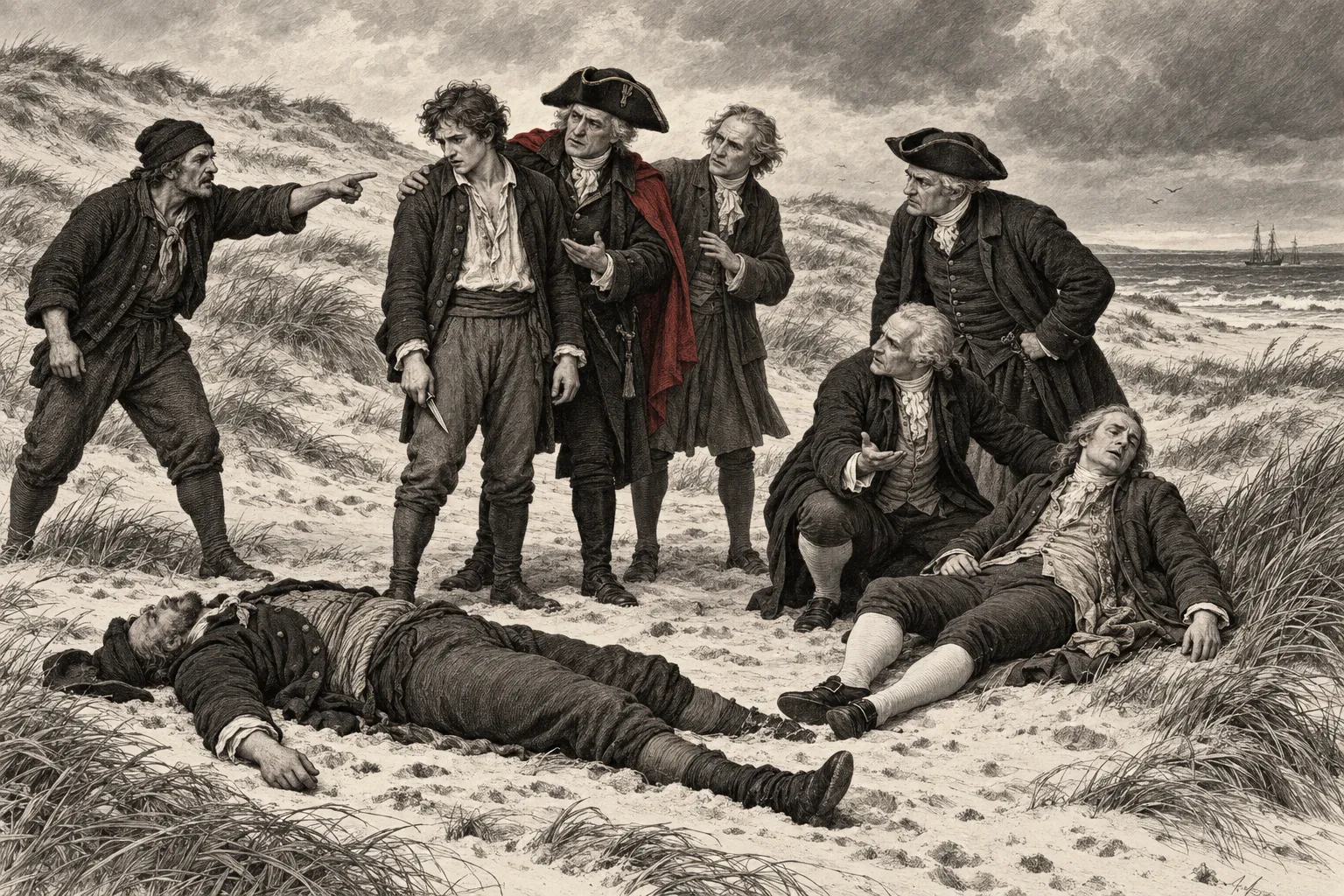 Ferdinand staat met een mes tussen de dode Sander en de zwaargewonde Lodewijk in de duinen. Andries beschuldigt hem, terwijl toegesnelde mannen uitleg eisen.