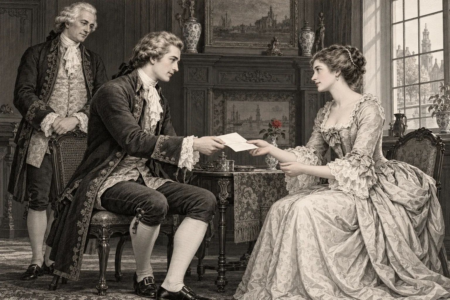 Ferdinand overhandigt Henriëtte een testament in een Amsterdams vertrek. Reynhove is erbij. Het document kent haar vrijwel heel Lodewijks nalatenschap toe.