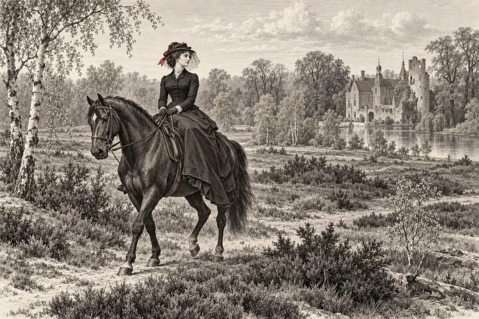 Gravure van een jonge vrouw in een rijkleed uit de jaren 1860 te paard op de heide, met een oud kasteel met gracht en toren op de achtergrond