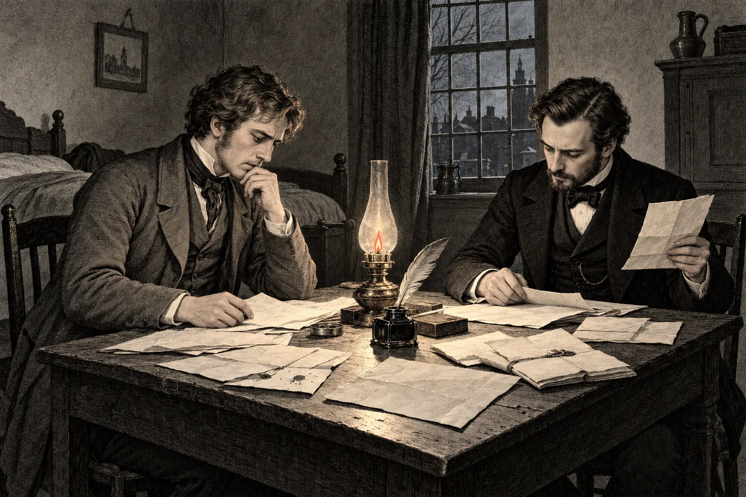 Leopold en zijn vriend Willem onderzoeken op een Haagse huurkamer de erfenisstukken en de brief met Sophies huwelijkswens.