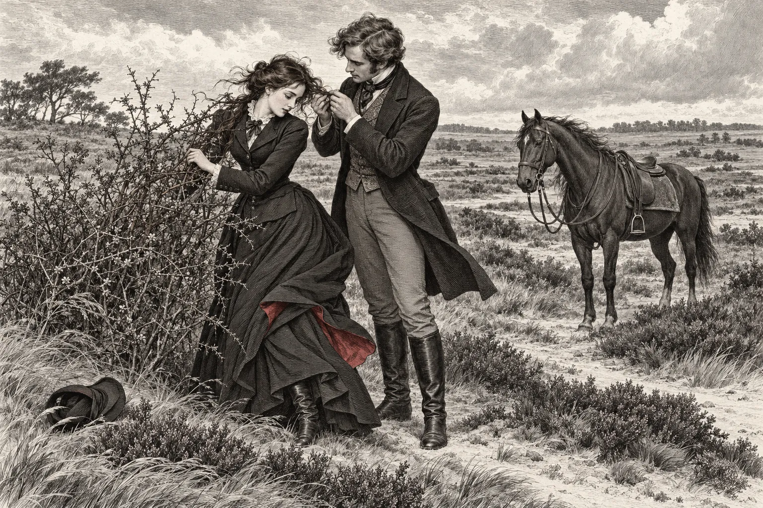 Op de winderige heide bevrijdt Leopold het losse haar van Francis uit een doornstruik nadat haar hoed is afgewaaid.