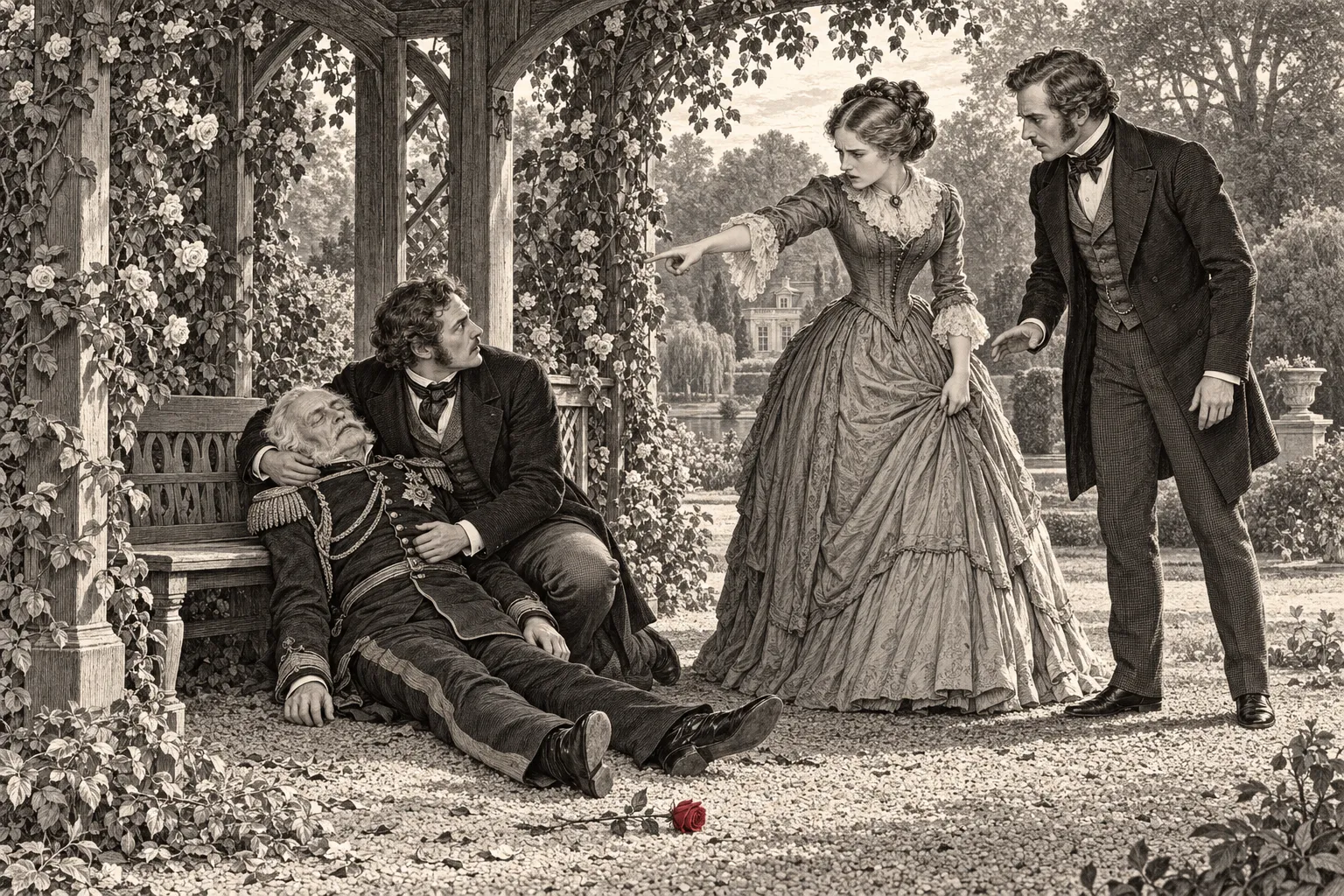 Bij het tuinprieel knielt Rudolf naast de bewusteloze oude generaal; Francis en Leopold treffen hen daar aan.