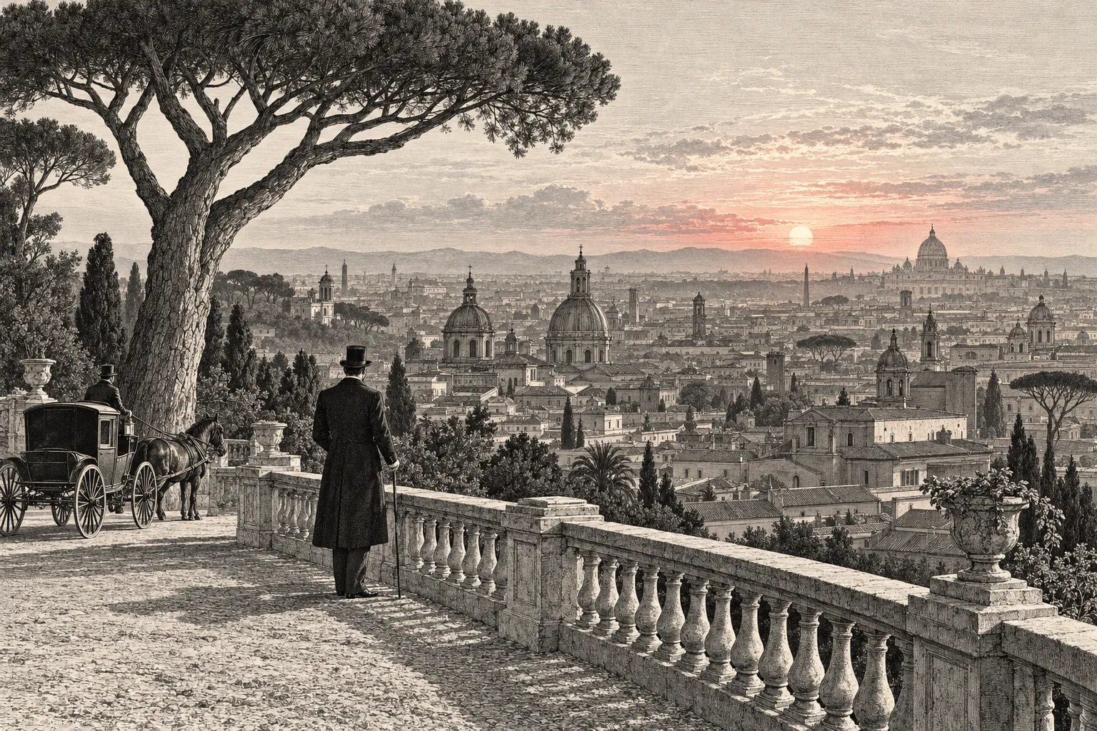 Gravure van een heer in een lange jas uit de jaren 1890 bij de balustrade van de Pincio, uitkijkend over de koepels van Rome bij avondlicht