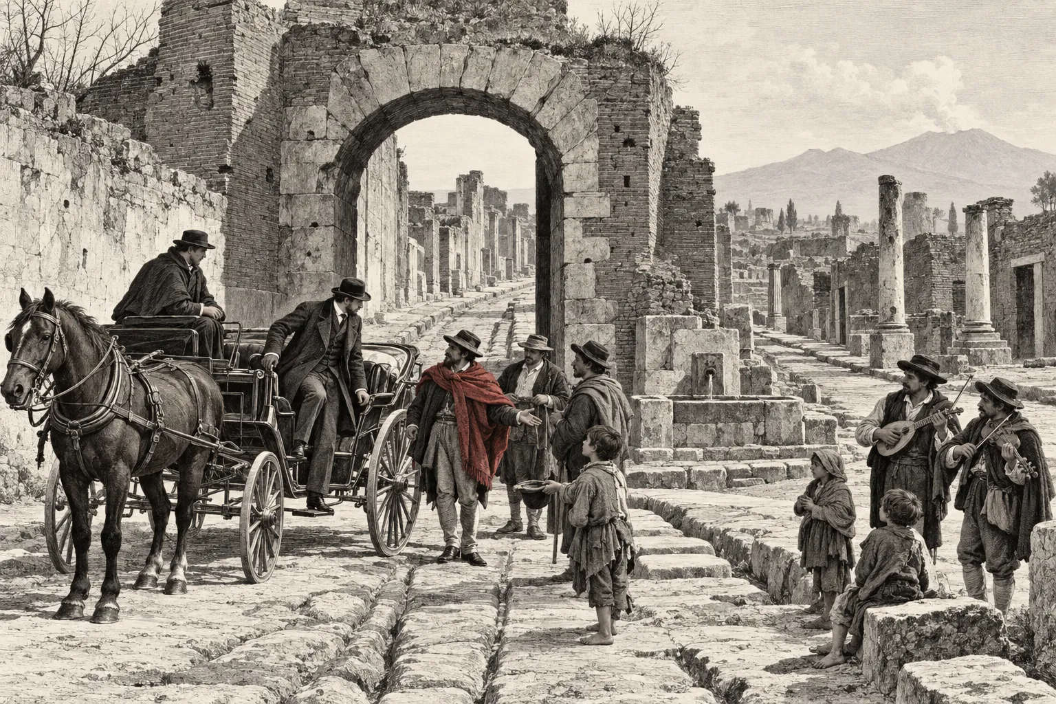 Een reiziger komt per klein rijtuig bij Pompeï aan. Bij de toegang staan gidsen, muzikanten en bedelende kinderen; daarachter liggen stille straten met antieke gebouwen.