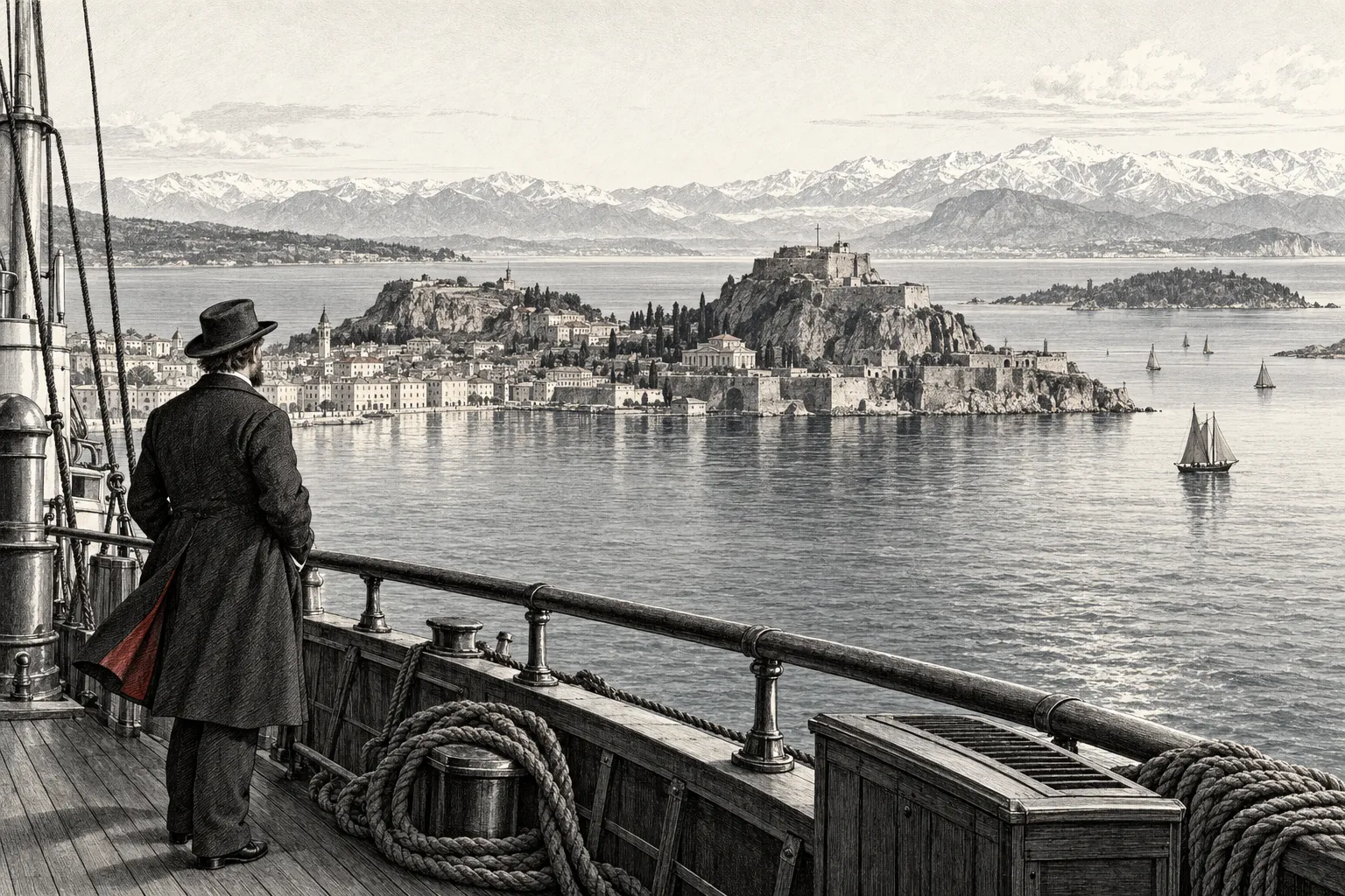 Vanaf het dek van de Principe Oddone kijkt een reiziger naar Corfu met zijn oude vesting, eilanden en besneeuwde bergen aan de overzijde van de zee.