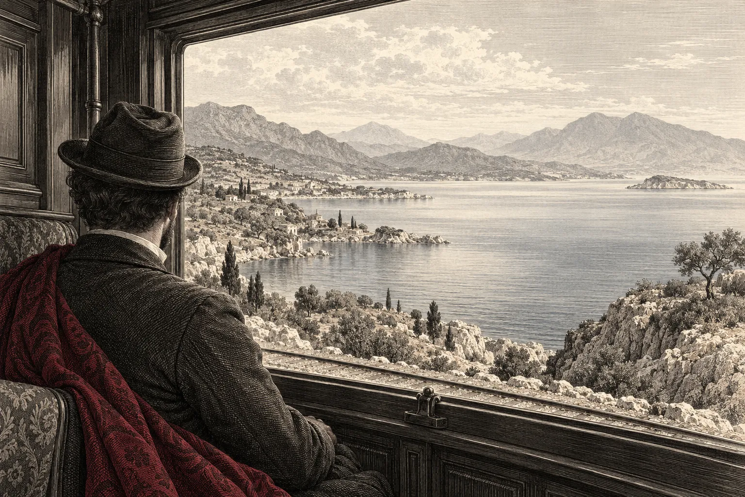 Een reiziger kijkt vanuit een treincoupé over het rustige water van de Saronische golf naar de bergen langs de kust.