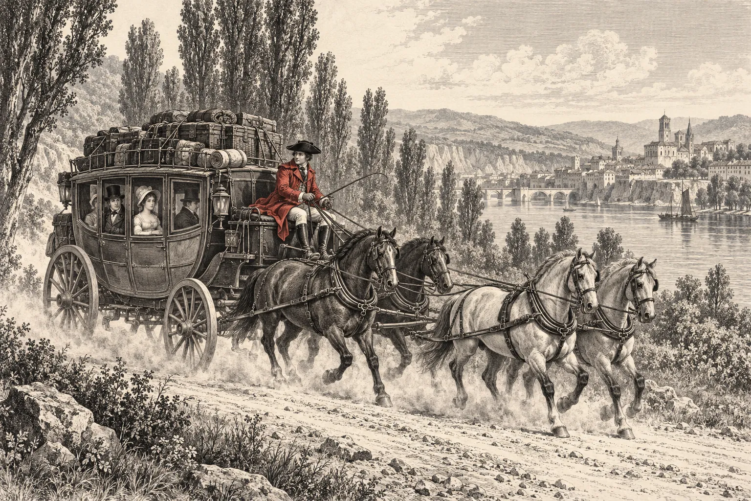Gravure van een Franse postwagen met vier paarden en bagage op het dak op een landweg met populieren langs een rivier, met een stad met torens in de verte