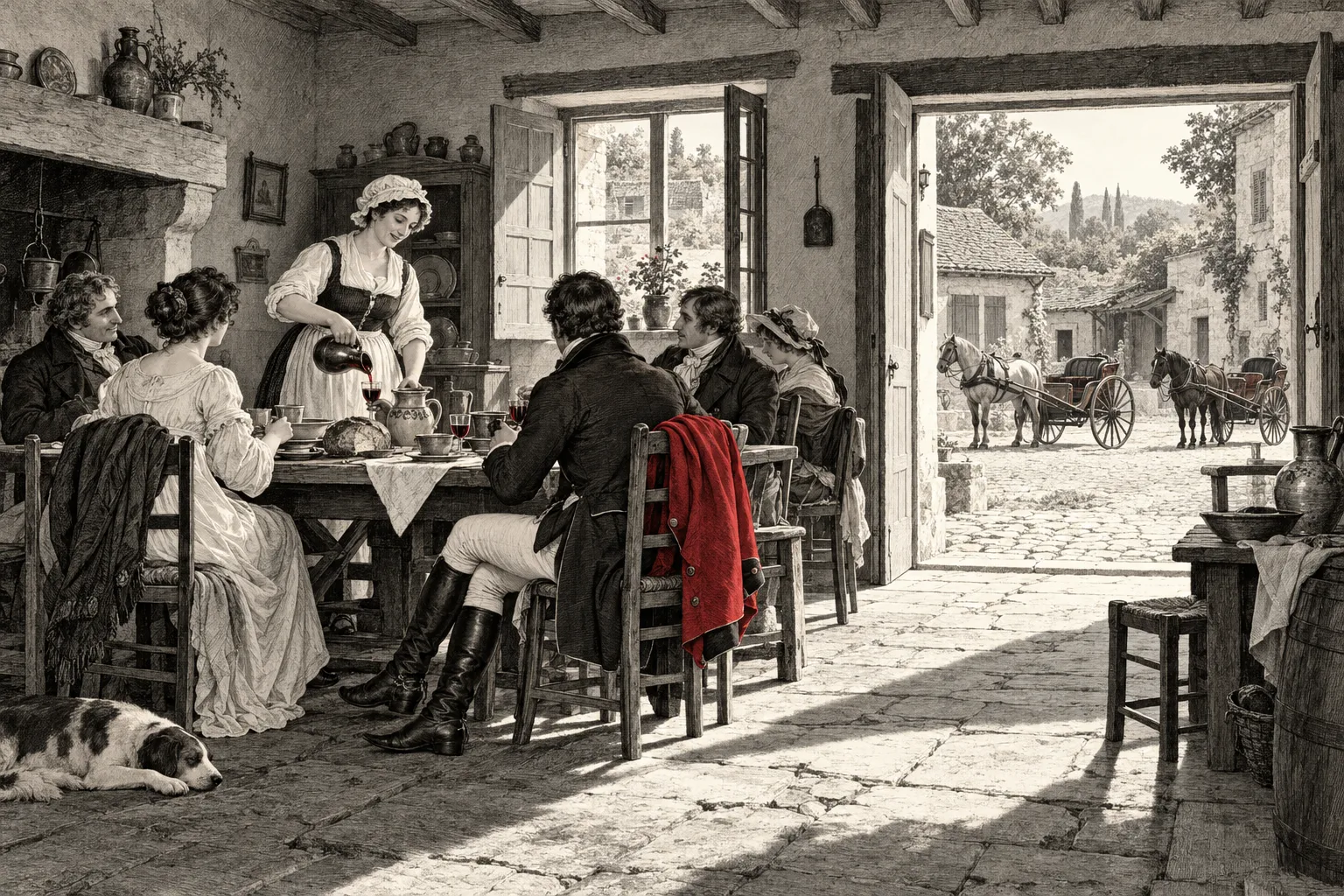Een waardin ontvangt reizigers aan een ontbijttafel met wijn. Buiten de herberg staan twee tweewielige rijtuigen, elk met één paard.
