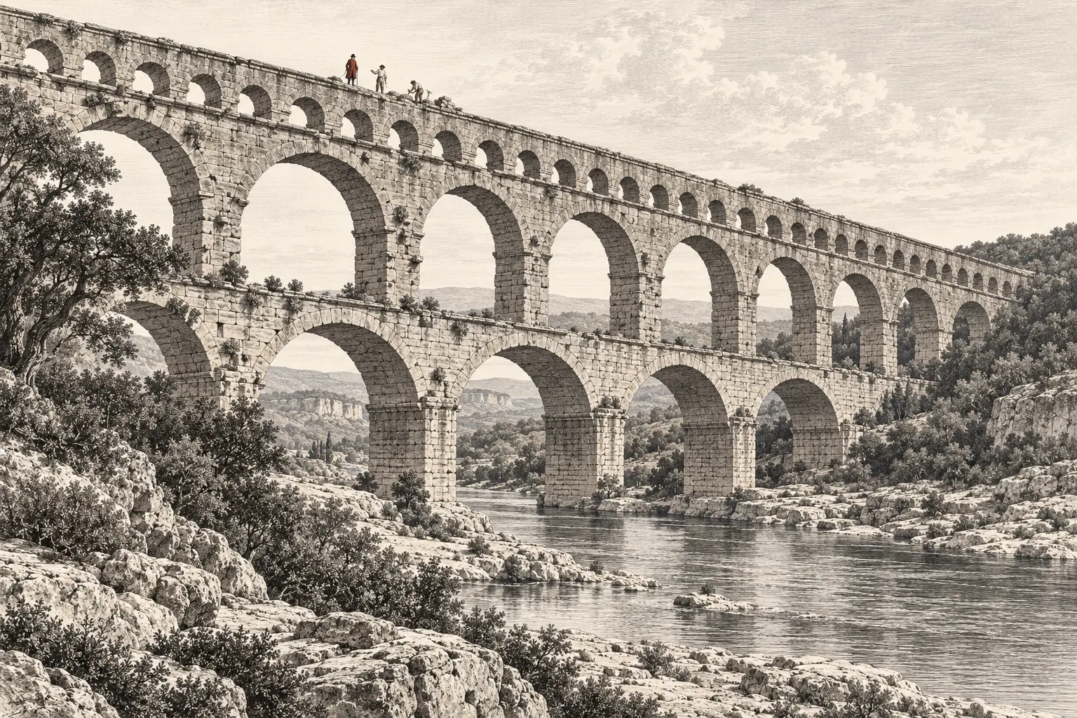 De hoge bogen van de Pont du Gard overspannen de Gardon. Bovenop staat een kleine reizigersfiguur; bij het bouwwerk bevinden zich werklieden.