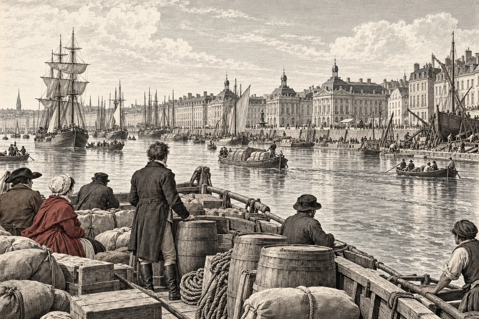 Vanaf een vrachtschuit vol lading kijken reizigers naar Bordeaux. Langs de rivier staan grote gebouwen en liggen schepen bij de werven.