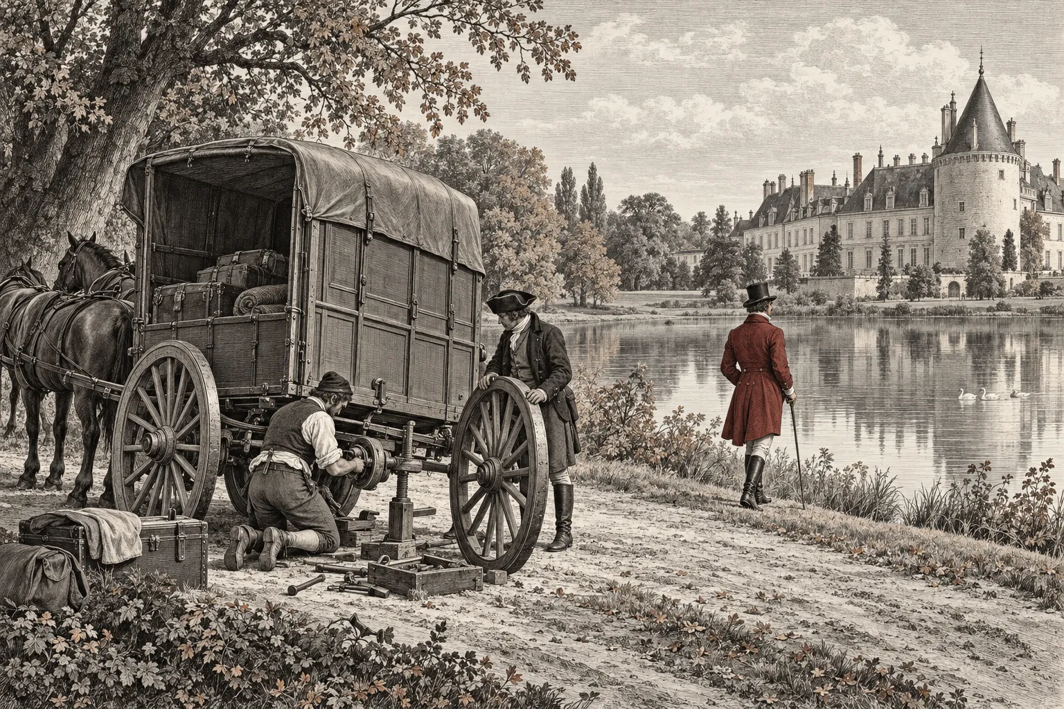 Bij een stilstaand reisrijtuig wordt gewerkt aan een reparatie. Verderop wandelt een man langs een vijver, met het kasteel van Rambouillet en bomen op de achtergrond.