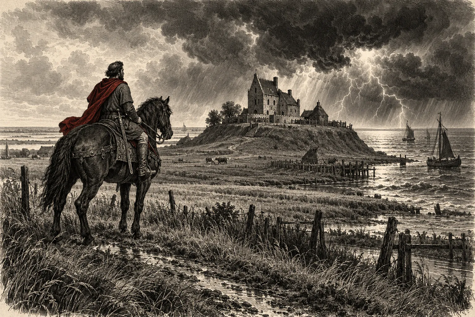 Gravure van een ruiter met rode mantel bij een terp met een stenen huis aan de Friese kust, onder een onweerslucht