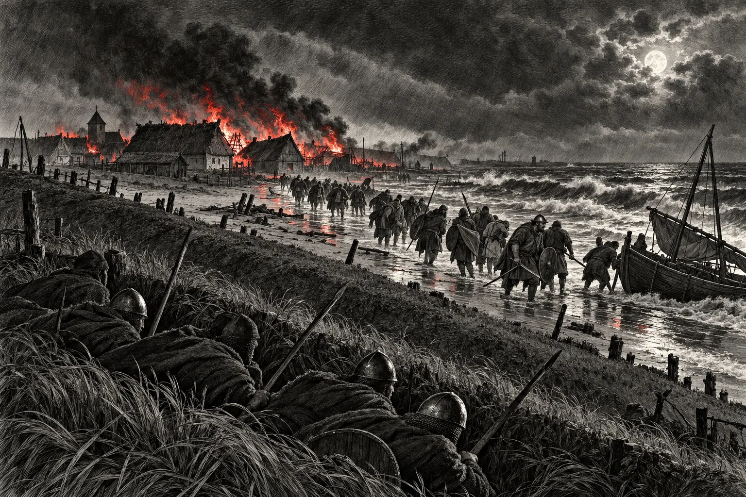 Gravure van een brandend dorp aan de stormachtige kust bij nacht, met gewapende mannen bij een vissersschuit en verborgen strijders achter de dijk