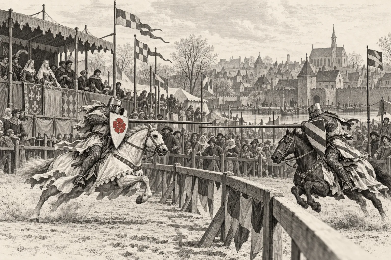 Gravure van een steekspel bij Haarlem: twee geharnaste ridders te paard met lansen langs een houten schranking, met tribunes en publiek